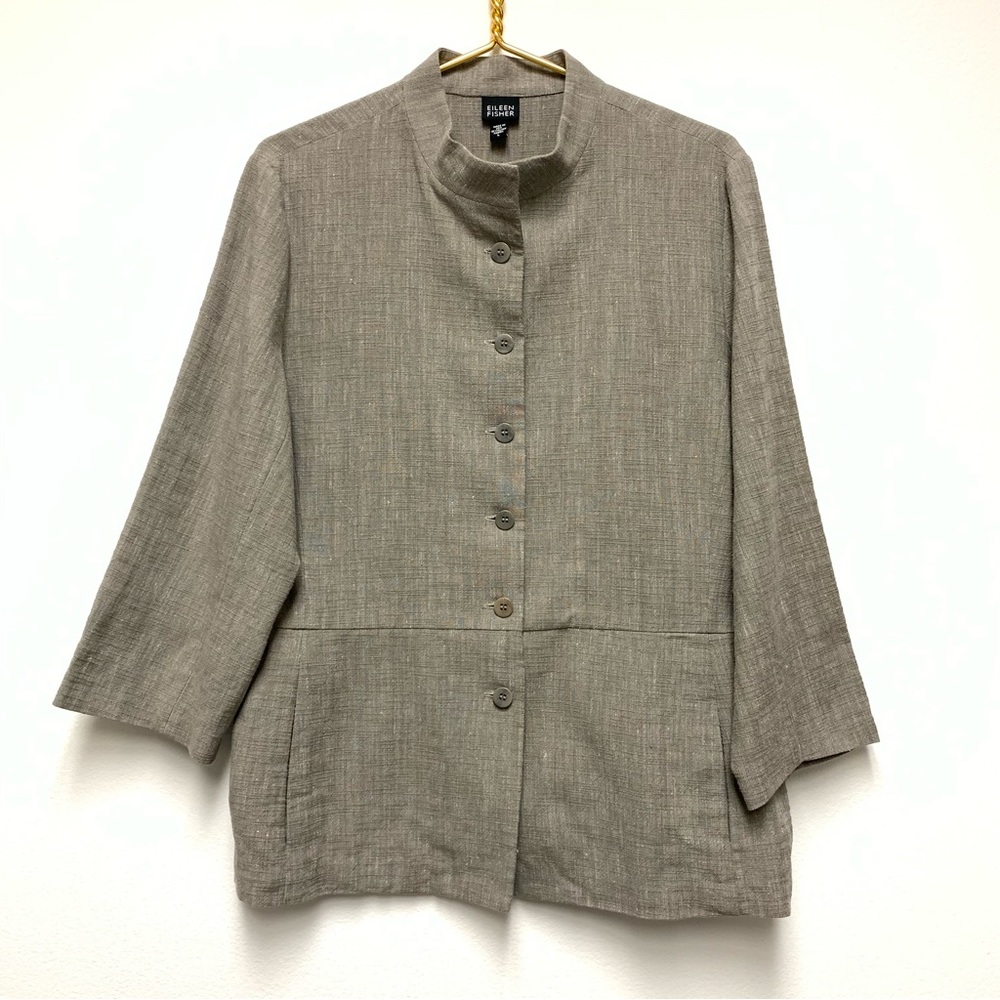 Eileen Fisher Linen Blend Stand Collar Blazer Jacket L Taupe Beige Lagenlook